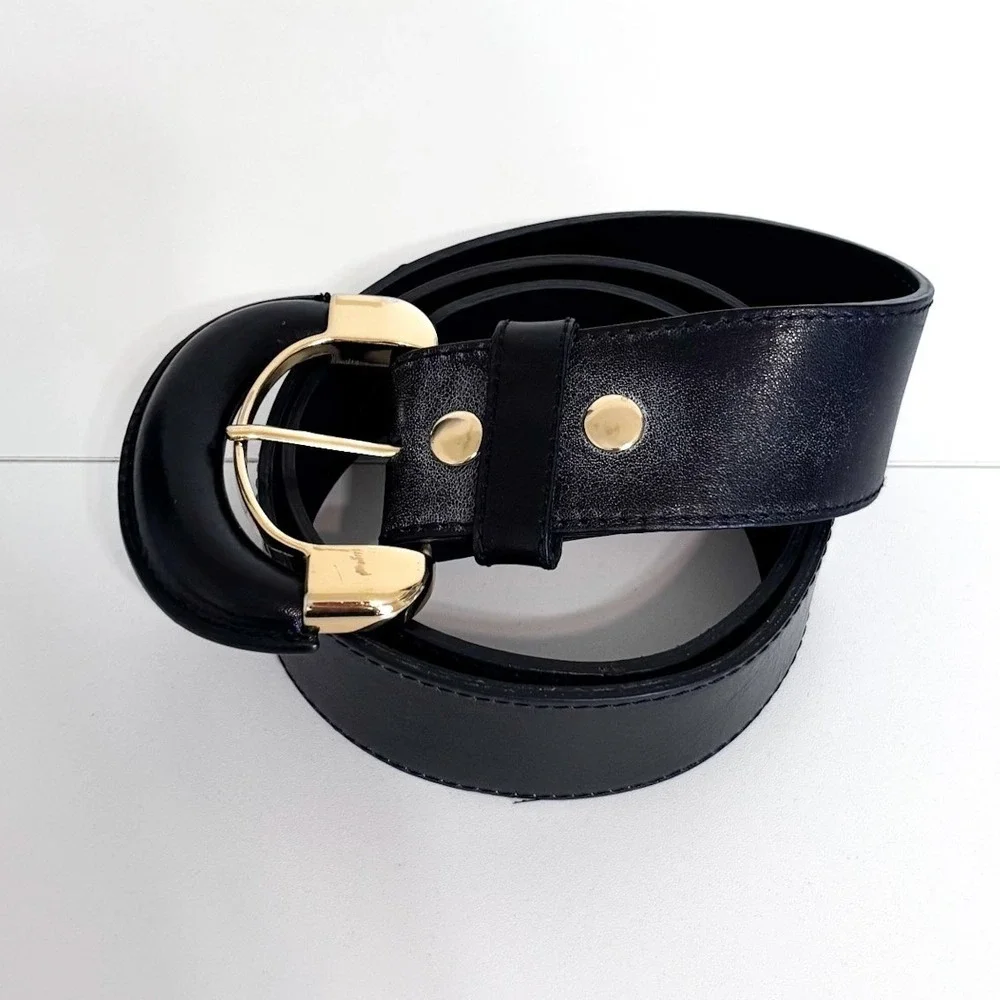 B-Low The Belt Womens Oversized Horseshoe Buckle Leather Belt Medium Black Gold